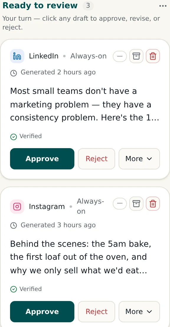 The approvals queue — LinkedIn and Instagram drafts waiting for review, each with Approve and Reject buttons.