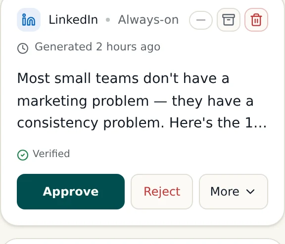 A finished LinkedIn draft with a Verified claims check and a one-click Approve button.